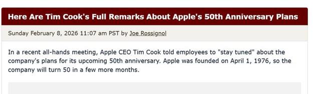 库克发文致敬苹果50周年：向数百万成就苹果的人致谢