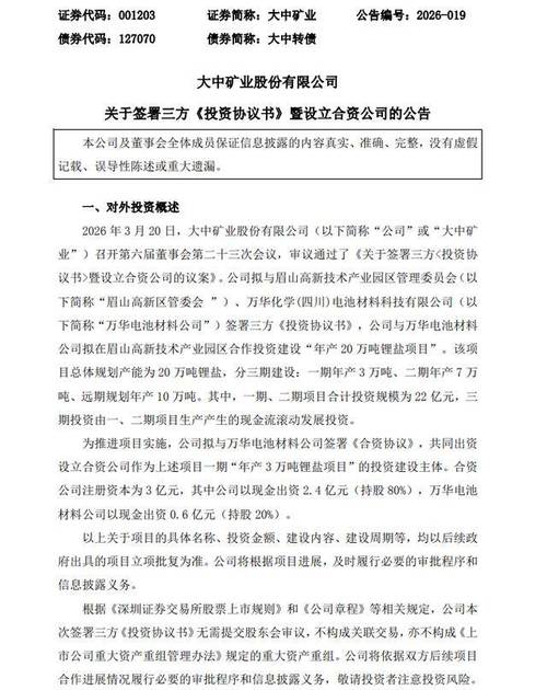 万华化学“助阵”	，大中矿业锂盐“扩军”迎最强外援