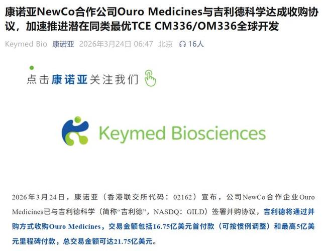 吉利德同意以16.75亿美元预付款外加里程碑付款方式收购Ouro Medicines